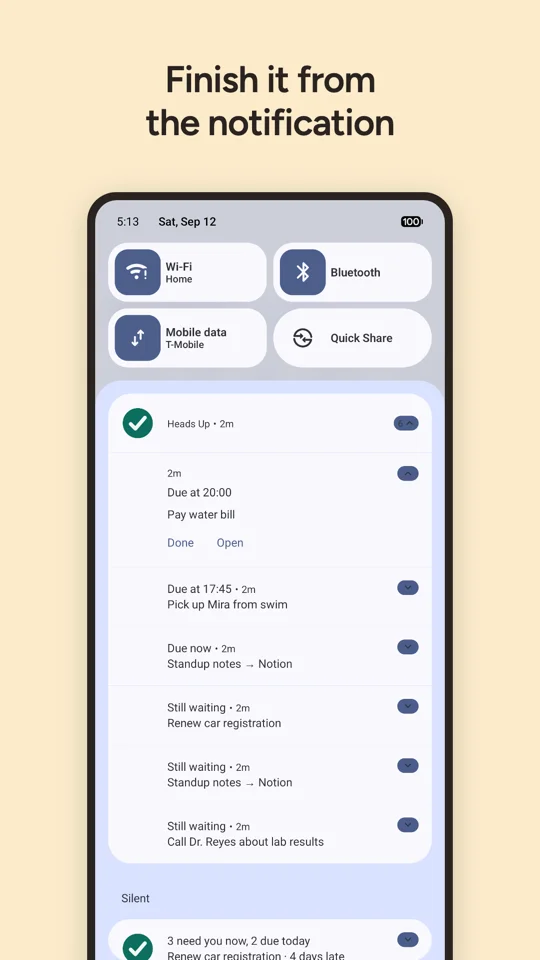 A reminder in the notification shade, with Done and Open buttons