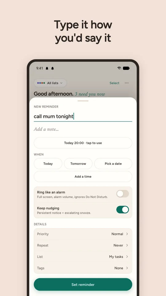 Adding a reminder by typing it how you'd say it